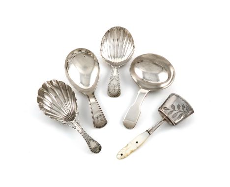 A small collection of five antique silver caddy spoons, various dates and makers, comprising: a George III one by Richard Cro