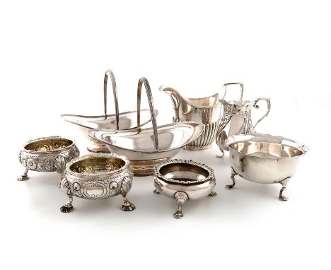 A mixed lot of silver items, various dates and makers, comprising: a matched pair of George II salt cellars, London 1754 and 