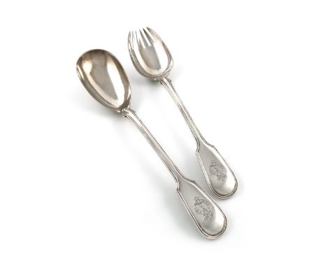 A pair of Victorian Fiddle and Thread pattern salad servers, by George Adams, London 1854, the terminals with a crest, approx