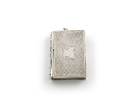 A Victorian novelty silver book vinaigrette, by E. Smith, London 1854, rectangular form, engine-turned decoration, with a vac