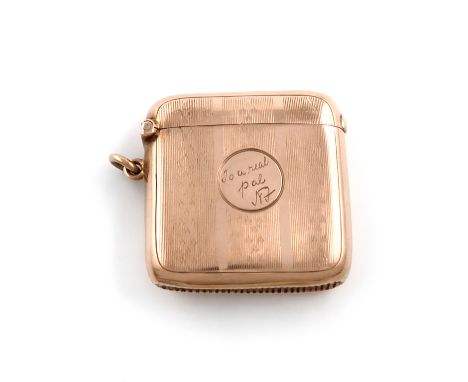An Edwardian 9 carat gold vesta case, by Smith &amp; Bartlam, Birmingham 1922, rectangular form, with bands of engine-turned 