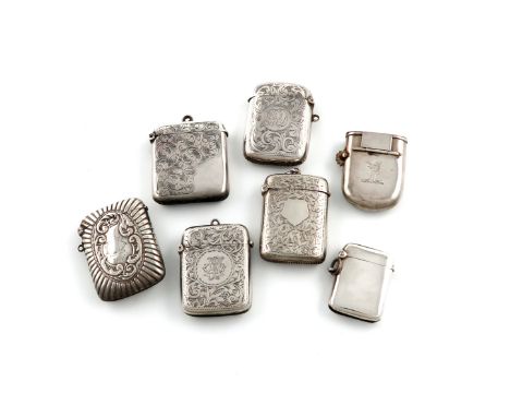A collection of seven silver vesta cases, various dates and makers, comprising: one by George Unite, Birmingham 1882, the int