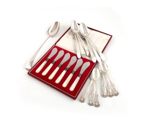 A collection of silver and electroplated flatware, comprising: a set of six George III Scottish celtic point tablespoons, by 