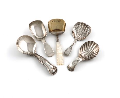A small collection of five antique silver caddy spoons, various dates and makers, comprising: a King's pattern one, by Joseph