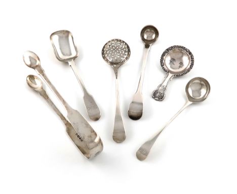 A mixed lot of silver flatware, various dates and makers, comprising: a caddy spoon, by Joseph Willmore, Birmingham 1818, cir