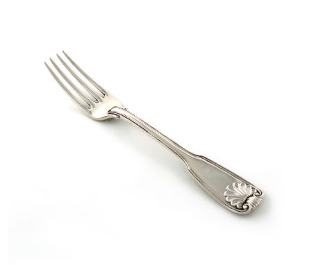 A George III silver Fiddle, Thread and Shell pattern table fork, by Paul Storr, London 1818, the reverse of the terminal with