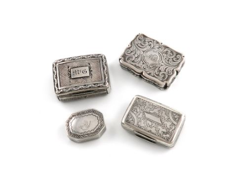 A small collection of four 19th century silver vinaigrettes, comprising: a George III one by William Ellerby, London 1816, re
