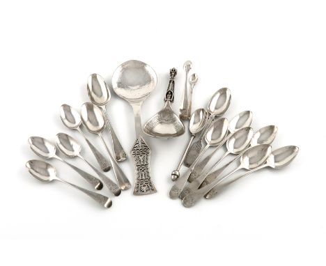 A mixed lot of silver flatware, various dates and makers, comprising: an Arts and Crafts spoon, by J. Round and Son, Sheffiel