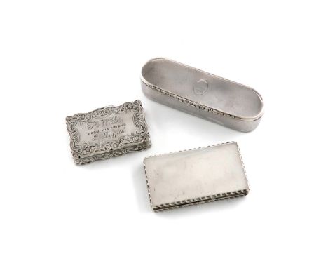 A small collection of three antique silver snuff boxes, comprising: a George IV one, by Charles Rawlings &amp; William Summer