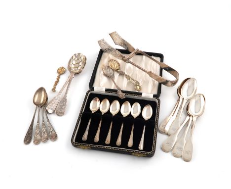 A mixed lot of silver flatware, various dates and makers, comprising: a pair of Victorian serving tongs, by Aldewinckle and S