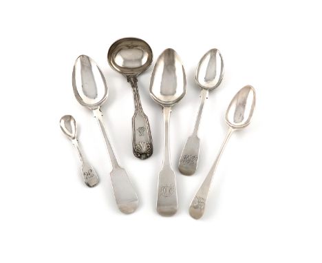 A small collection of Newcastle silver flatware, comprising: a Fiddle, Thread and Shell pattern sauce ladle, by John Walton, 