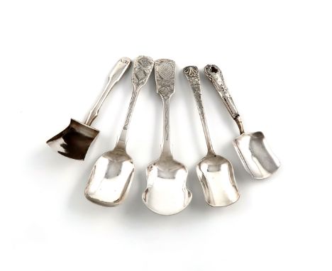 A small collection of five antique silver caddy/sugar spoons, various dates and makers, including one by Reid and Sons, Newca