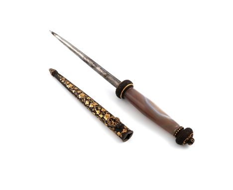 A Continental  agate-handled dagger, probably 19th century, the carved agate handle with steel mounts and gilt borders, the t