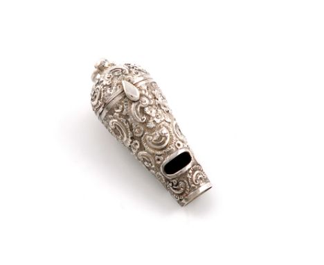 A Victorian novelty silver whistle vinaigrette, by George Unite, Birmingham 1875, tapering circular form, chased with foliate