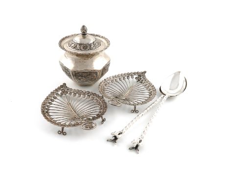 A pair of Turkish silver spoons, pointed oval bowl, spiral handles with bird finials, plus an Indian silver tea caddy, of pan