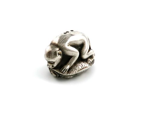 A Victorian novelty silver box, by Thomas Smily, London 1884, (part-marked), modelled as a monkey sitting on a tortoise, who 