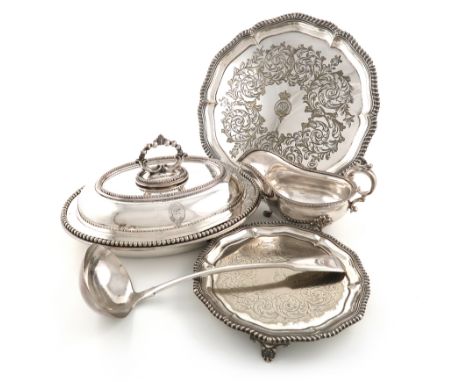A Collection of five items of Irish Regimental electroplate, comprising: a Fiddle pattern soup ladle, with the badge of the 1
