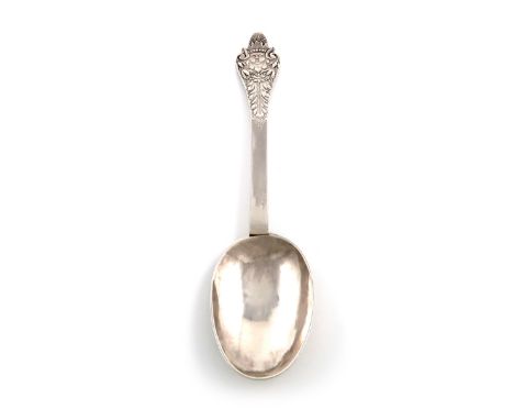 A Charles II silver Trefid spoon with a Mask, by Adam King, London 1677, the reverse of the oval bowl with a raised rat-tail 