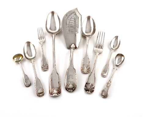 A collection of antique silver Fiddle, Thread and Shell flatware, various dates and makers including Eley, Fearn and Chawner,