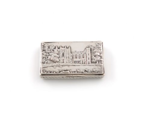 An early-Victorian silver 'castle-top' snuff box, Newstead Abbey, by Nathaniel Mills, Birmingham 1837, rectangular form, the 