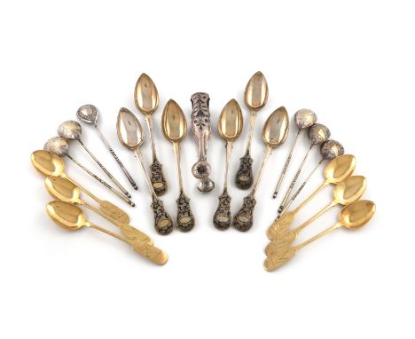 A small collection of Russian silver flatware, comprising: a set of six of mid-19th century silver-gilt and niello-work teasp