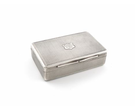 A Victorian presentation silver snuff box, by Rawlings and Summers, London 1847, rectangular form, engine-turned decoration, 