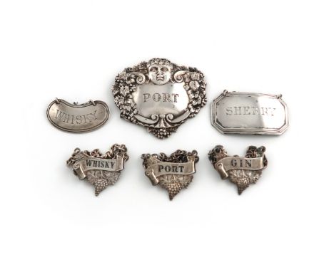 A small collection of modern silver wine labels, comprising: a set of three by Turner and Simpson, Birmingham 1960, titled 'W