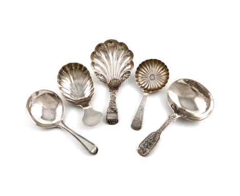 A small collection of five antique silver caddy spoons, various dates and makers, comprising: one by Joseph Taylor, Birmingha
