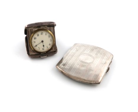 A silver cased travelling clock, by Robinson &amp; Co, Birmingham 1920, square form, hinged cover, engine-turned decoration, 