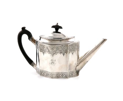 A George III silver teapot, by John Robins, London 1793, shaped oval form, tapering spout, scroll handle, flush-hinged cover,