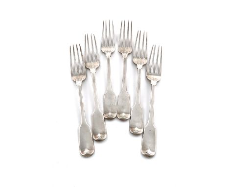 A set of six George III silver Fiddle pattern table forks, by Paul Storr, London 1815, the reverse of the terminals with a cr