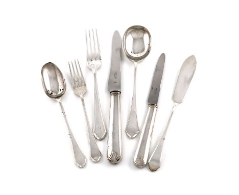A part canteen of silver Pembury pattern flatware, by Mappin and Webb, Sheffield 1925, comprising: six soup spoons, six fish 