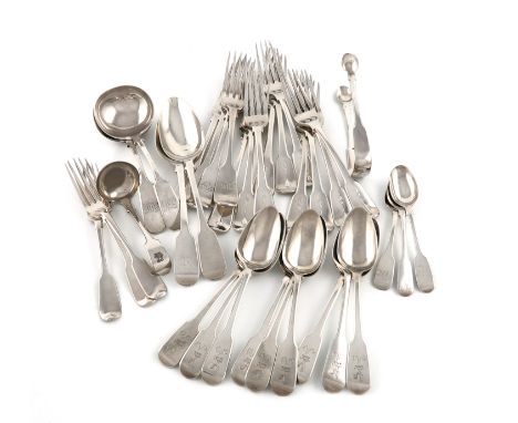 A mixed lot of silver flatware, various dates and makers, comprising: a set of ten George III Fiddle and Drop pattern table f