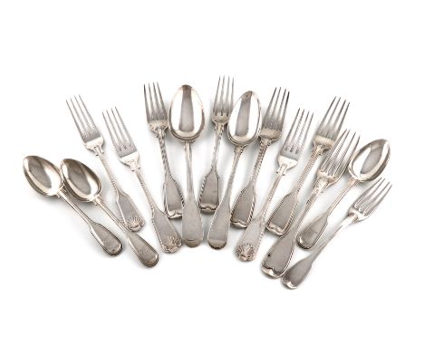 A collection of silver Fiddle and Thread and Fiddle, Thread and Shell pattern flatware, various dates and makers, comprising: