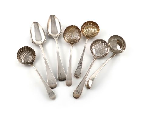 A mixed lot of silver flatware, various dates and makers, comprising: a George III sauce ladle, by Hester Bateman, London 177