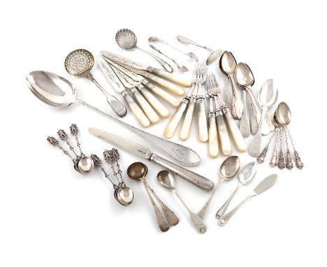 A mixed lot of silver flatware, various dates and makers, comprising: a Victorian Bright-cut Celtic Point pattern basting spo