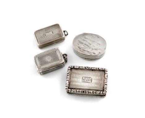 A small collection of four 19th century silver vinaigrettes, comprising: one by Thomas Parker, Birmingham 1824, plain oval fo