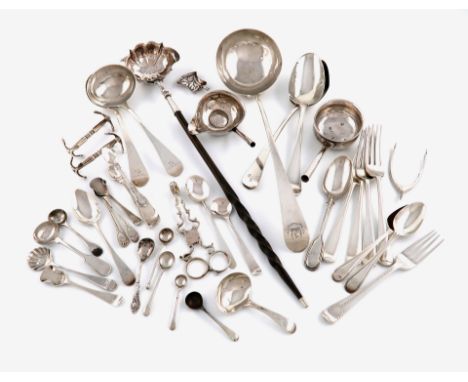 λA mixed lot of silver flatware, various dates and makers, comprising: a George III Old English pattern soup ladle, London 17