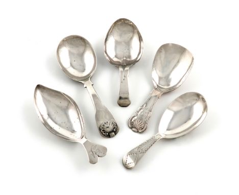 A small collection of five antique silver caddy spoons, various dates and makers, comprising: a George III one by William Pug