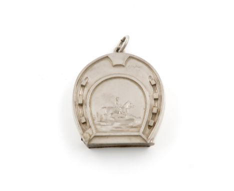 A Victorian novelty silver horseshoe vesta case, by Gardner and Warr, Birmingham 1885, the front engraved with a horse and jo