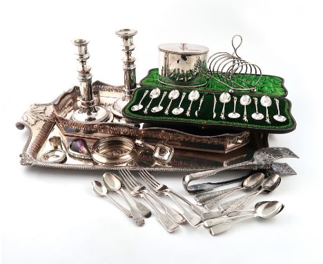 A mixed lot, comprising silver items: a late-Victorian seven-bar toast rack, by Heath and Middleton, Birmingham 1896, a set o