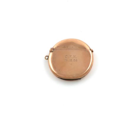 An Edwardian 9 carat gold vesta case, by Joseph Walton, London 1906, plain circular form, with a ring attachment, inscribed a