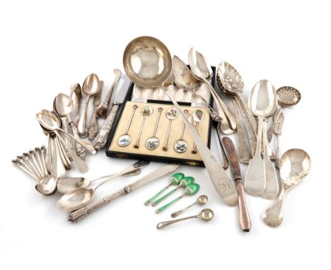 A mixed lot of silver flatware, various dates and makers, comprising: a George III Scottish silver Celtic-point pattern soup 