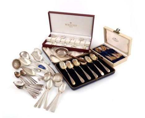 A mixed lot of silver flatware, various dates and makers, comprising: a George III caddy spoon with a leaf shaped bowl, Londo