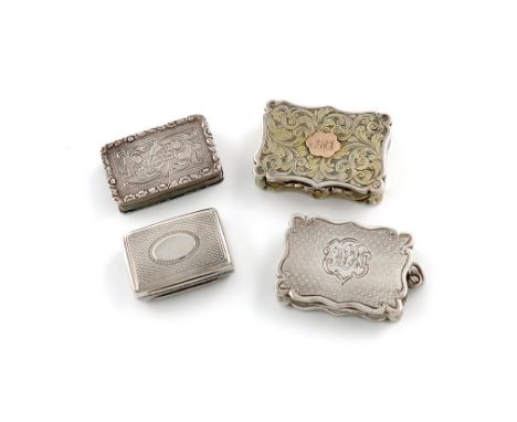 A collection of four 19th century silver vinaigrettes, comprising: a silver-gilt one by Nathaniel Mills, Birmingham 1843, rec