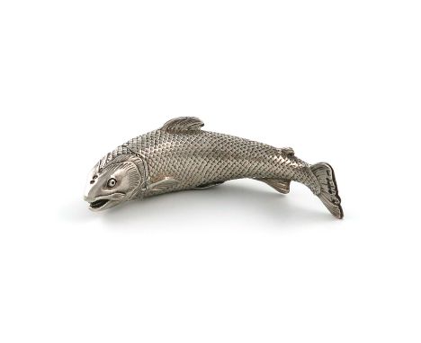 A Victorian novelty silver salmon scent flask, by E. H. Stockwell, London 1870, also with a French import mark, the fish with