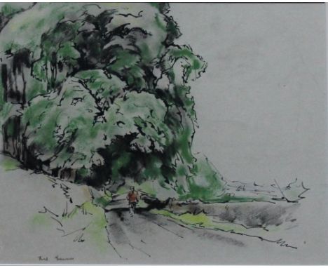 AN INK AND WATERCOLOUR WASH SKETCH, a figure walking along a country road, bearing signature 'Fred Lawson' in pencil lower le