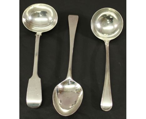 A GROUP OF THREE SILVER SPOONS comprising a sauce ladle, Old English thread pattern, London 1795, maker George Smith & Willia
