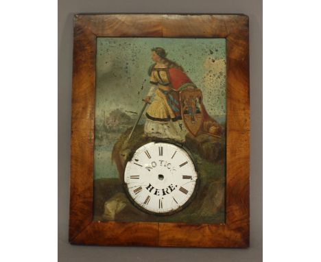 A 19TH CENTURY HAND-PAINTED TIN PANEL depicting an allegorical figure of War standing guard on a coastal outcrop, a white ena