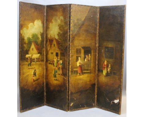 A LARGE 19TH CENTURY PAINTED-LEATHER FOUR-FOLD SCREEN four oblong panels painted with a continuous rural village scene with f